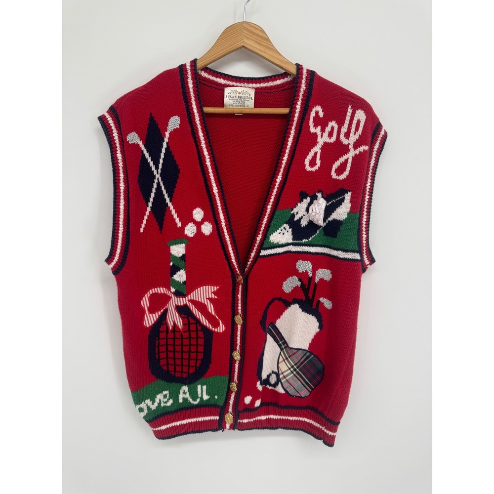 Susan Bristol Sweater Vest Womens L Vintage 1992 Golf Tennis Prep Novelty Casual